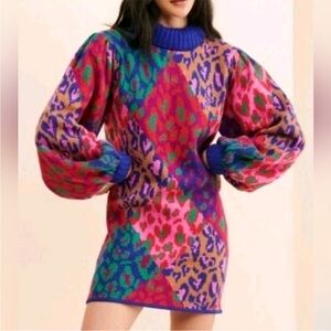 FARM Rio Sweater Dress Colorful Heart Pattern Long Sleeve